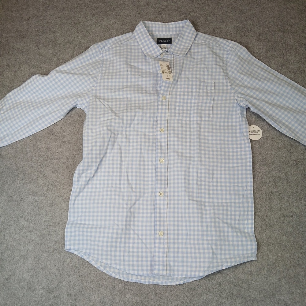 The Children's Place Shirt Boys XXL 16 Whirlwind Blue Gingham Button Down NEW